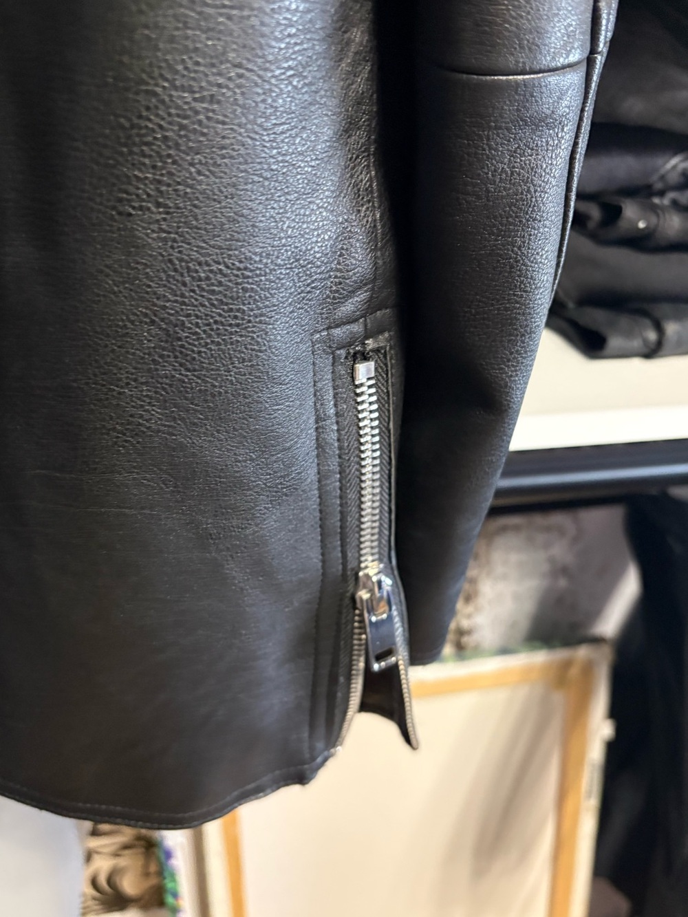 NWT Zara Black Faux Leather Biker Jacket with Yellow Lining - Picture 3 of 4
